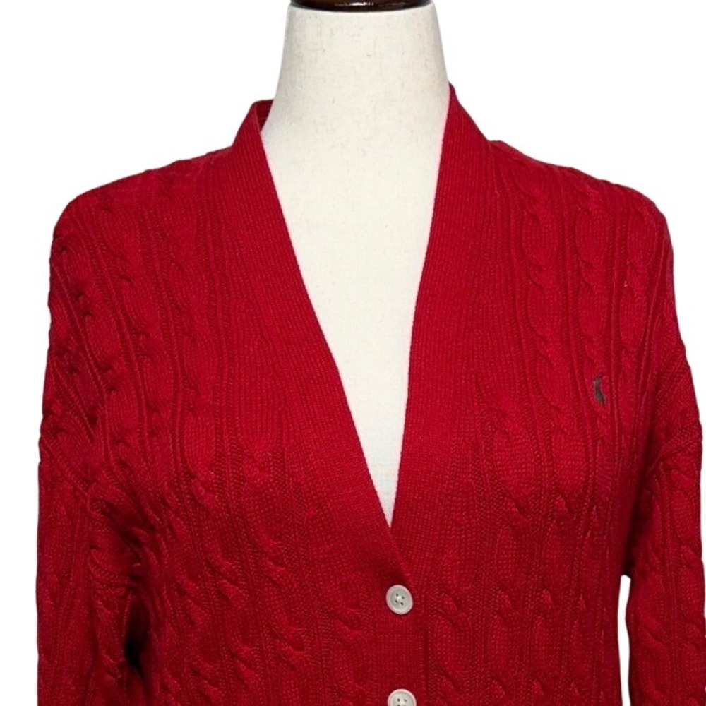 Ralph Lauren Cardigan Women Medium Oversized Fits XL Red Cable Knit Sweater - Picture 2 of 10